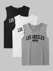 Men's Letter Print Athletic Tank Top, Casual Sleeveless Printed Round Neck Top for Summer, Sleepwear for Men, Comfy Loungewear for Daily Wear