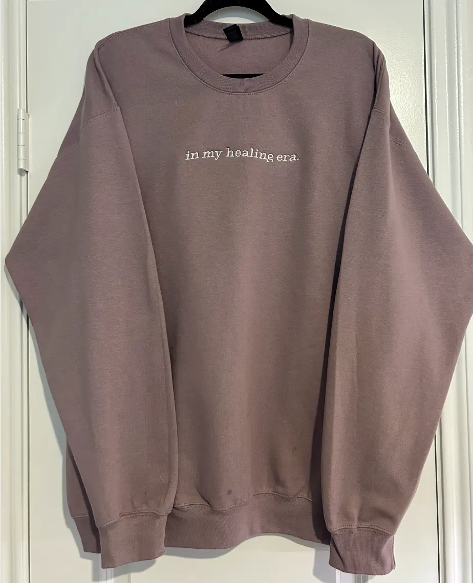 In My Healing Era Handmade Embroidered Gildan Sweatshirt Monochrome Design White Thread Pullover for Girls Healing Energy Coordinates Heavy-Weight Gildan Material - Womenswear