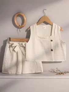 Girls' 2-Piece Solid Color Set, Square Neck Sleeveless Button Design Top, Elastic Waist Shorts with Adjustable Belt, Fashionable