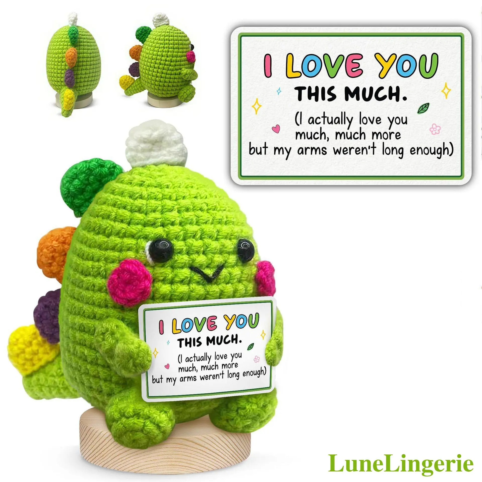 Handmade Crochet Dinosaur Plush Toy - Emotional Support Doll with Heartfelt 'I Love You' Card, Handmade Warmth Dino Plush Hug Gift for Sports Fans, Valentine’s Day