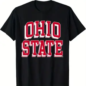 Cotton Short Sleeve "OHIO STATE" Print, Casual Style, Loose Fit Breathable Round Neck Tops Tees T-Shirts Daily Wear For Men Women