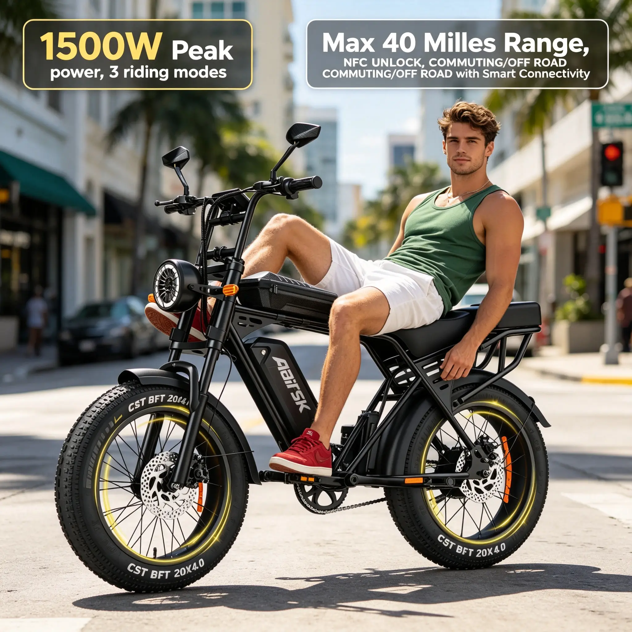 Aairsk X5-1500W Peak Power Motor, 40 Mi Max Range, Retro Fat Tire Adult Electric Bike with Adult Frame,  20"×4.0 CST Off-Road Tires for Off-Roading, Dual Disc Brakes, 3 Riding Modes, Detachable Lithium Battery, 1500W Motor, Retro Look, Unisex