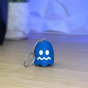 Crochet Retro Arcade Blue Ghost Amigurumi Keychain Figurine