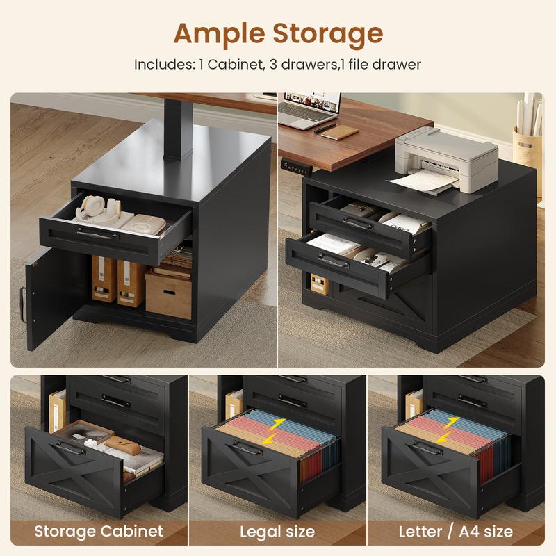 SEDETA 70.1 Inch Farmhouse L Shaped Standing Desk Electric Height Adjustable Executive Desk with Drawers Power Outlet Printer Stand Monitor Stand Led Lights