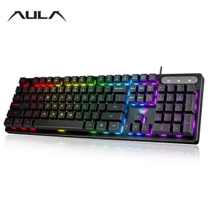 AULA S3005 wired keyboard, plug and play, 104 keys, cool lighting, ergonomic design, office games, suitable for computer/laptop devices, silicone film keyboard (black/white), Wired Gaming Keyboard, Backlit Keyboard