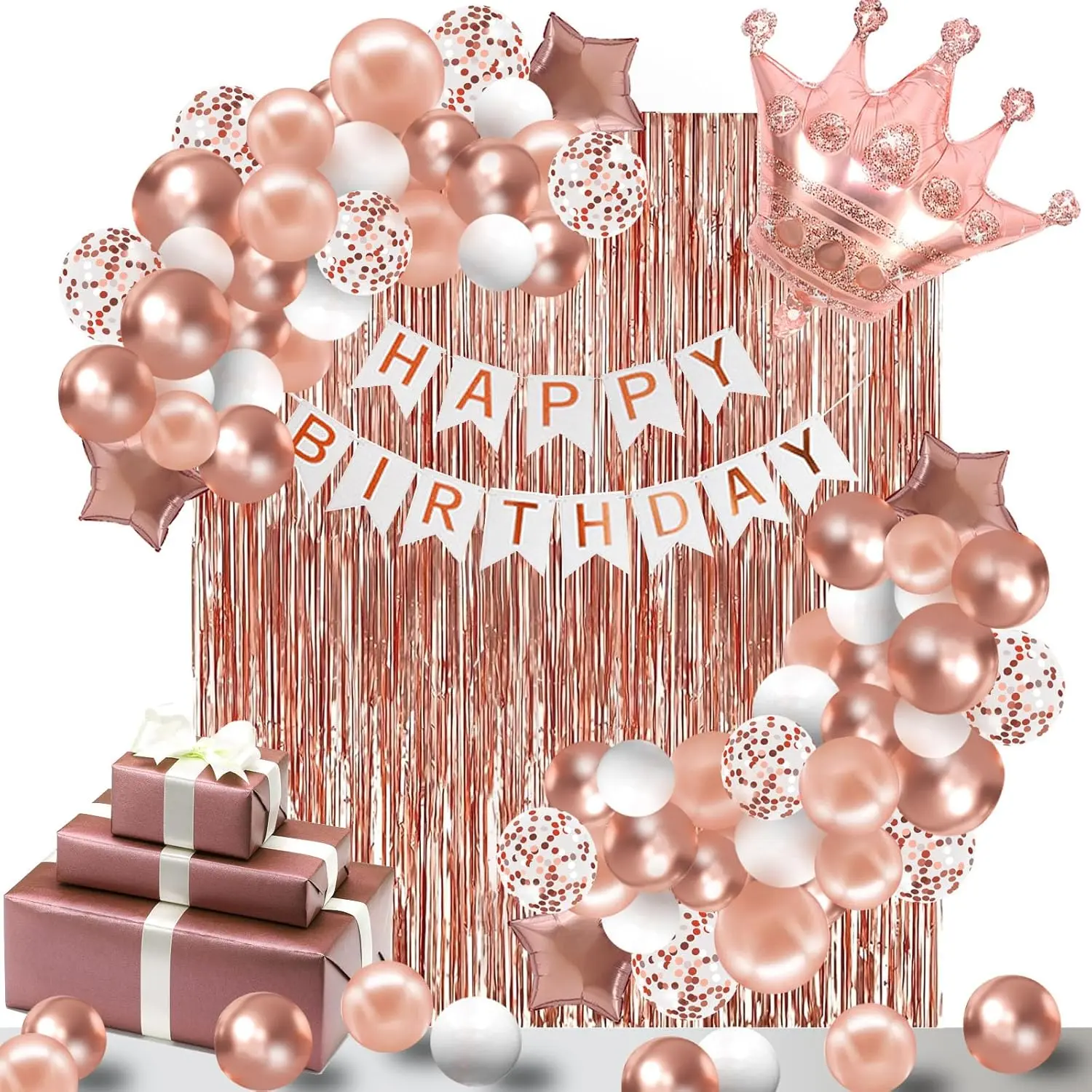 Rose  Birthday Party Decorations,Crown Foil Balloon,Happy Birthday Decorations with Happy Birthday Banner,Fringe Curtain Background for Women's Birthday Party