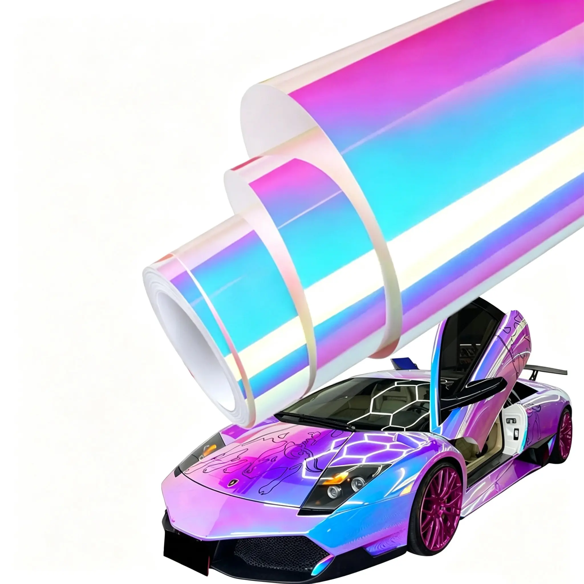 Premium Holographic Rainbow White Mirror Vinyl Wrap Film Self Adhesive Car Motorcycle Wrapping Sticker Decal With Air Release Car Wraps Automotive Decals