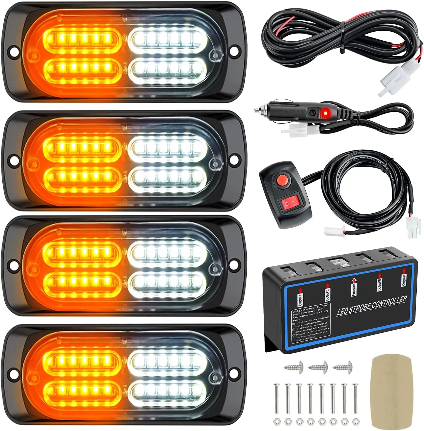 Nilight 4PCS 12V Sync Feature LED Work Lights - 24 LEDs, Double Row, PC Lens, Surface Mount, Amber White, Controller Included, Hard Wire/Cigarette Lighter Plug for Car/Truck Construction Veh.