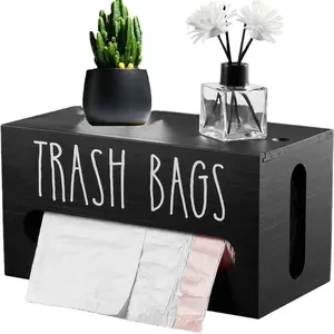Trash Bag Dispenser, Wall Mount Trash Bag Holder Dispenser with Lid Wooden Kitchen Trash Bag Roll Organizer Plastic Garbage Bag Storage for Cabinet. (Black)