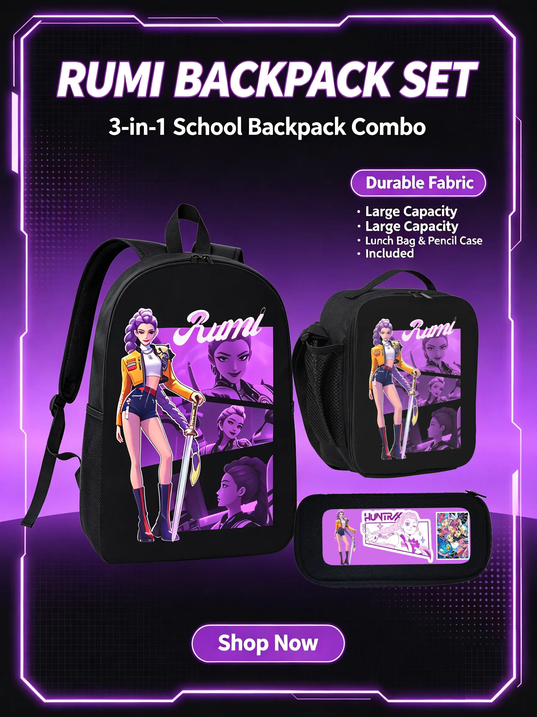 Rumi Anime Backpack Set - 3 in 1 School Bag, Lunchbox & Pencil Case - Cute Aesthetic Bookbag for Teen Girls & Women