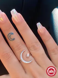 925 Sterling Silver Fashion Moon & Star Design Cuff Ring, Elegant Ring, Artificial Zircon Decorated Ring for Women & Girls, Exquisite Jewelry Accessories for Daily Wear