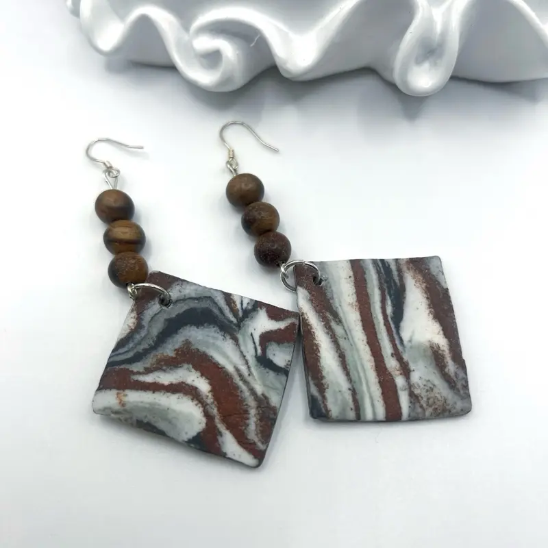 Cipopo Ceramic Elegance Handcrafted Square Hook Earrings Hypoallergenic Brown Textured Unique Stylish Comfortable for Timeless Beauty