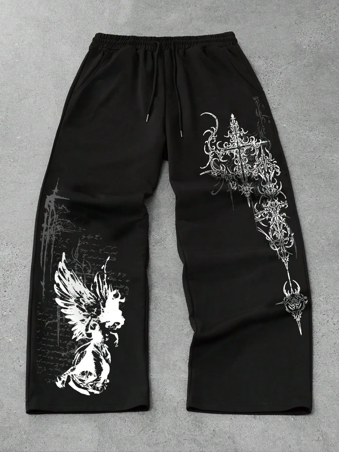 Baggy Oversized Sweatpants | Gothic Dark Angel & Ornate Cross Graphic Print | Drawstring Elastic Waist | Y2K Street Style & Grunge Aesthetic | Emo Punk Fashion Pants for Men & Women | Trendy E-Boy E-Girl Bottoms with Vintage Tattoo Art Design for Daily Ca
