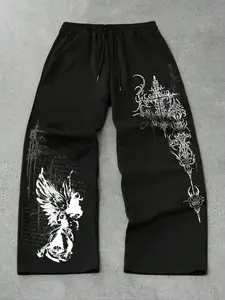 Baggy Oversized Sweatpants | Gothic Dark Angel & Ornate Cross Graphic Print | Drawstring Elastic Waist | Y2K Street Style & Grunge Aesthetic | Emo Punk Fashion Pants for Men & Women | Trendy E-Boy E-Girl Bottoms with Vintage Tattoo Art Design for Daily Ca