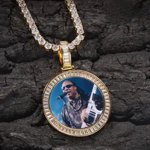 [ICE HUE] 18K Gold Vacuum Plated Copper Round Photo Pendant Necklace with 5A+ Sri Lanka Zircon, Personalized Custom Memory Design, Long Chain, Hip-Hop Chic, Luxury Costume Jewelry for Women, Daily Wear Gift