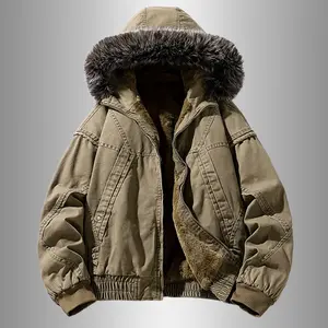 Heavyweight Workwear Fleece Hooded Jacket Thick Fur Collar Vintage Washed Coat