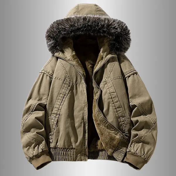 Men's Heavyweight Fleece Coat, Vintage Washed Hooded Workwear Pullover with a Thick Fur Collar, Jackets, Black