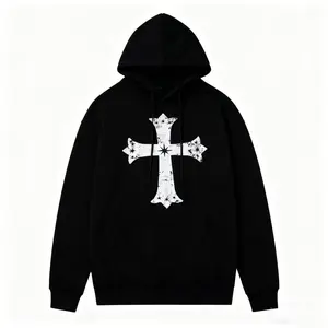 Streetwear Dark Distressed Cross Hoodie [Dark Gothic] Distressed Cross Starburst Hoodie