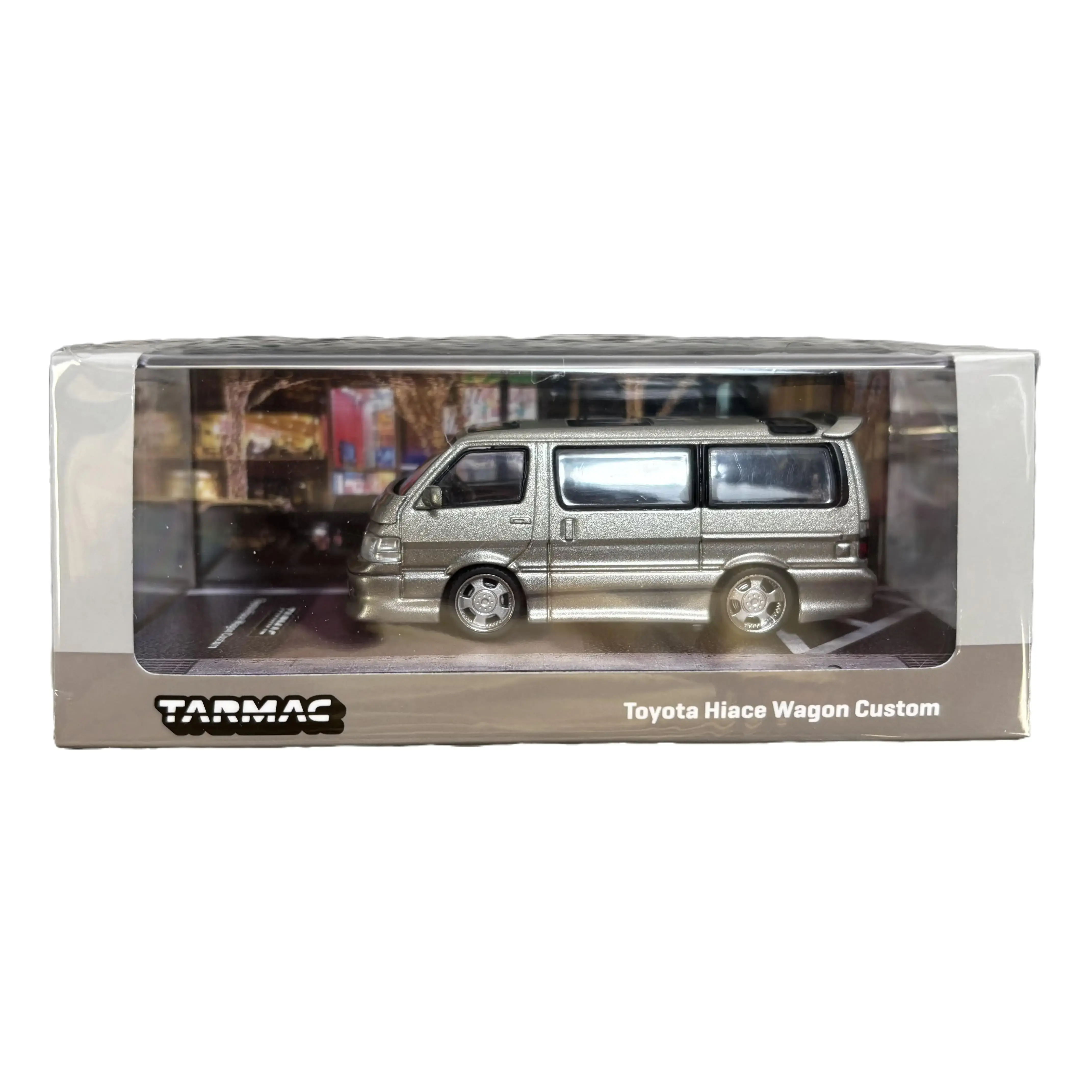 TARMAC WORKS 1:64 Scale Toyota Hiace Wagon Custom - Limited Production, Silver & Brown, Die Cast Metal & Plastic Parts, Display Base & Acrylic Cover