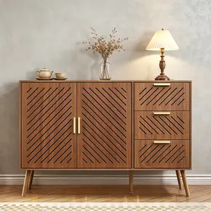 [HUOMAQFAN] Kitchen Buffet Sideboard Cabinet - 2 Doors, 3 Drawers, Hollow Design, 3-Tier Adjustable Shelves, Storage Console Table for Entryway, Dining Room