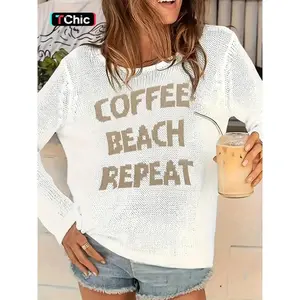 Women’s Casual Loose-Fit Knit Sweater, Letter Embroidery Crew Neck Long Sleeve Pullover, Side Slit Design, Autumn & Winter Fashion