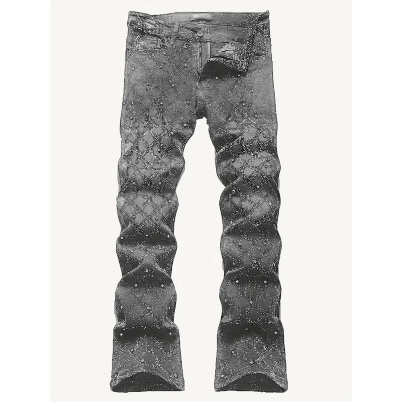 Y2K Men's Shiny Rhinestone Embellished Stretch Slim-Fit Jeans, Casual Street Style Hip-Hop Skateboarding Rap Pants, Machine Washable - All-Season Wear