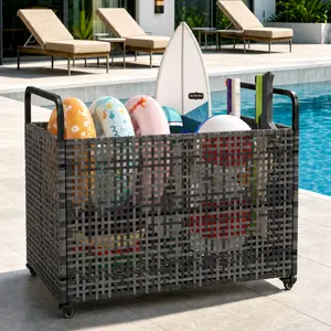Garvee Upgraded Movable Outdoor Pool Float Storage Bin - Sturdy PE Rattan Organizer with Mesh & Rolling Wheels - Ideal for Pool Noodles, Floats, Toys, Equipment - Brown