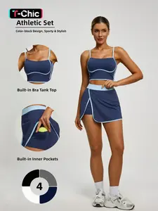 Contrast Trim Tennis Set for Women, Tennis Attire, Padded Crop Top & Skort with Pockets, Athletic Sportswear