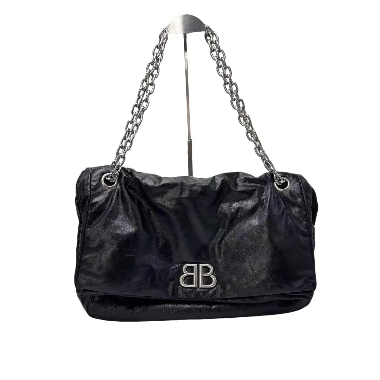 Pre-owned Balenciaga leather Shoulder bags Large BB Soft Flap Black Crinkled Calfskin Chain Shoulder Bag Silver Tone BB Logo