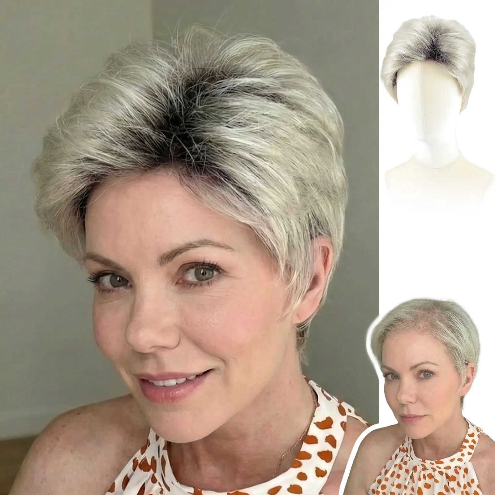 [New] Wendy—WIGYY Short Pixie Cut  Mono Mixed Machine-made Wig Glueless Lace Front Synthetic Wig with Bangs, Sliver Grey, Natural Look, Lightweight Heat-Resistant Protein Fiber Daily Wig