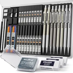 Nicpro 37Pack Metal Mechanical Pencil Set, 8Pack Lead Drafting Pencil 0.5, 0.7, 0.9 mm & 2mm Lead Pencil Holder for Sketching Drawing With 20 Tube (6B 4B 2B HB 2H 4H Colors)Lead Refill Eraser -with Case