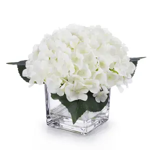 Enova Floral Silk Hydrangea Flower Arrangement in Cube Glass Vase With Faux Water For Home Office Wedding Decoration