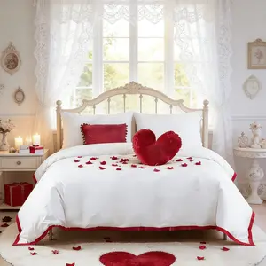 3-Piece Red Satin Edge Bed Linen Set, Wedding Series Duvet Cover Set. Includes 1 duvet cover and 2 pillowcases. No comforter or pillow inserts. Soft, suitable for all seasons