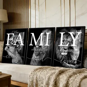 3 Counts Aluminum Alloy Framed Painting, Family Lion Wall Art Black And White Animal Poster, Home Decoration For Living Room, Bedroom, Office, Restaurant, Hallway Wall Decor, Odorless Print Artwork, Luxury Perfect Gift For Friends And Family
