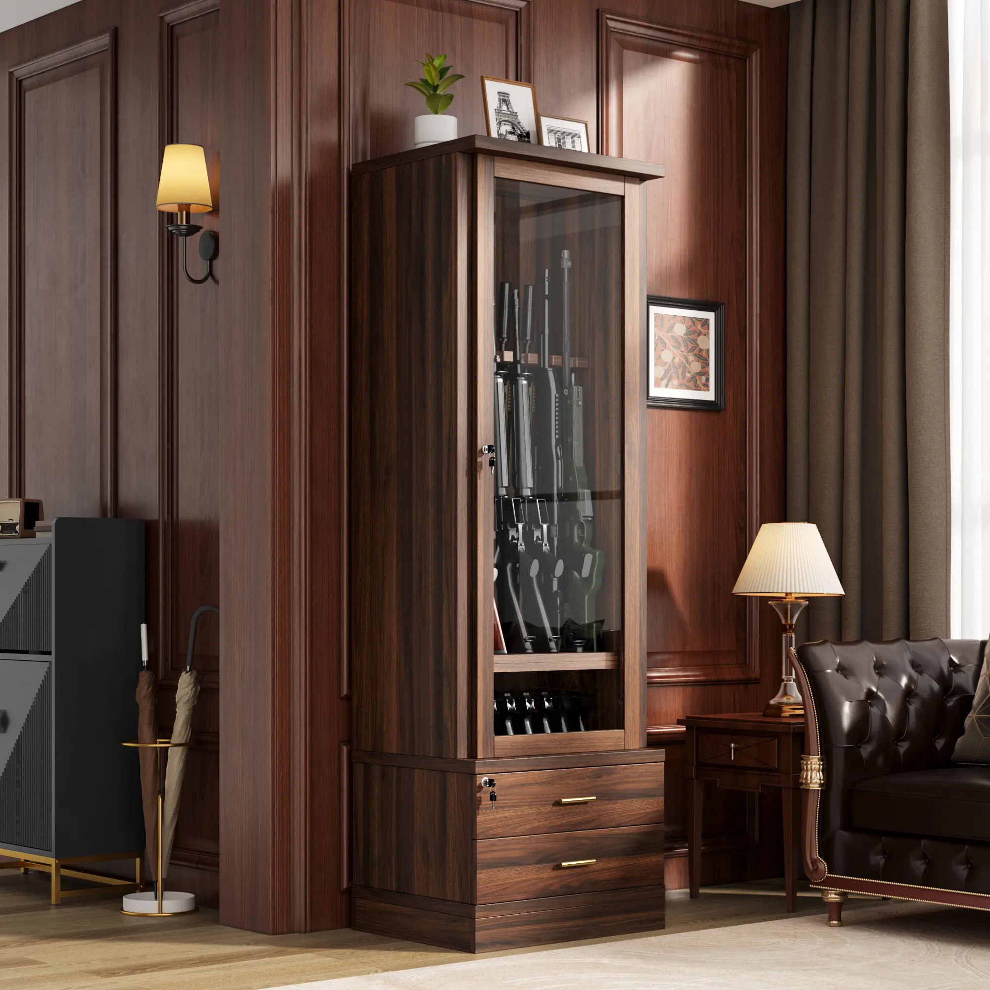 Wood Firearm Storage Cabinet with Tempered Glass Display Door, Triple Lock Gun Storage Organizer with 2 Lockable Drawers, Large Capacity Rifle & Handgun Storage Cabinet for Home Garage