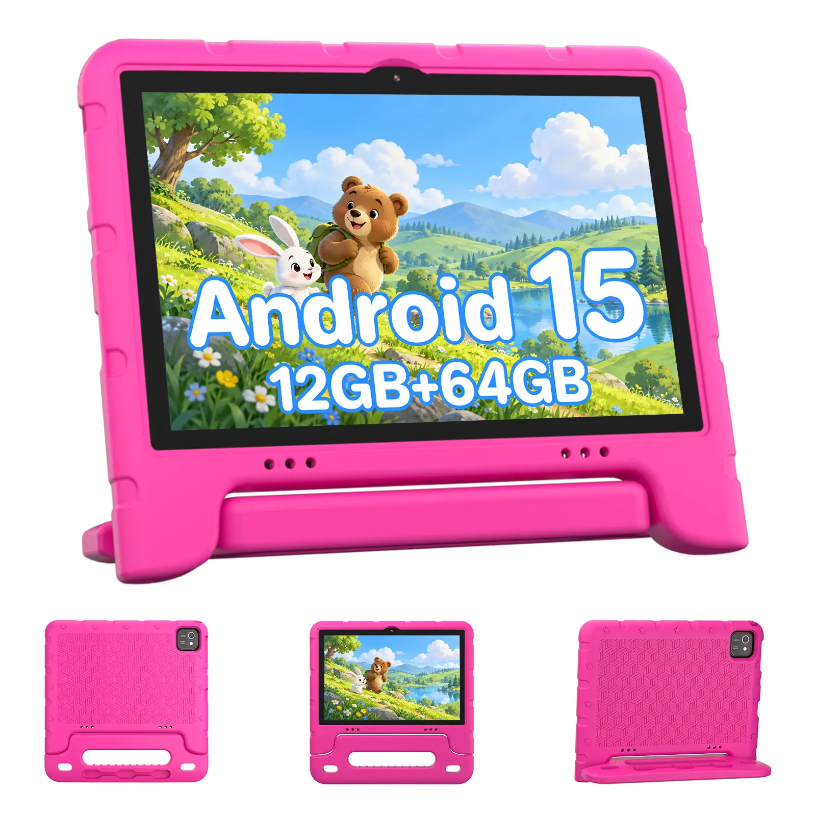 JUNINKE 10 Inch Children's Tablet, Rechargeable Learning Tablet with Android 15 OS, Quad-core Smooth 64GB Storage, Dual Camera, Parental Controls, 2.4G WiFi, Protective Shell, 1280x800 Touchscreen