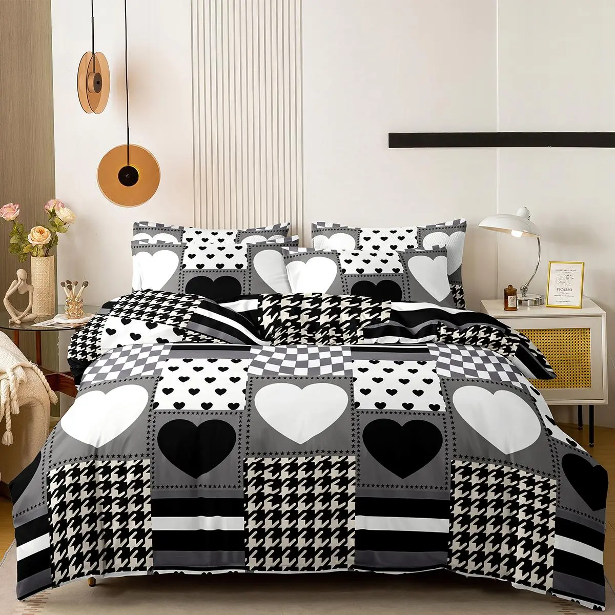 Heart & Houndstooth Pattern Bedding Set, Including 2 Counts Pillowcase & 1 Count Quilt Cover, Soft Comfortable Decorative Bedding Set for Bedroom, Guest Room, Dormitory, Duvet Set, Comfy Bedding Sets