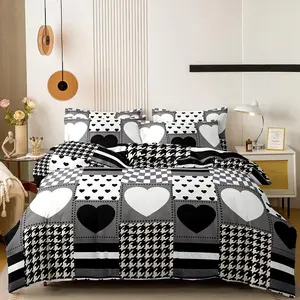 Heart & Houndstooth Pattern Bedding Set, Including 2 Counts Pillowcase & 1 Count Quilt Cover, Soft Comfortable Bedding Set for Bedroom, Guest Room, Dormitory, Duvet Set