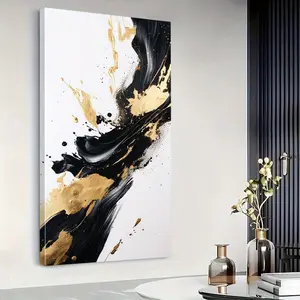 1pc Framed Black & Golden Abstract Canvas Wall Art - Modern Fluid Brushstroke Design, Large Vertical Poster for Living Room, Bedroom, or Home Office Decor, Wood Frame, Ideal Gift for Spring and Summer Aesthetic Spaces, Living Room Decor | Contemporary Dec