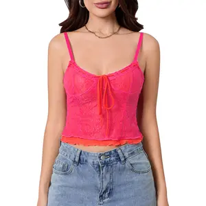 Women Lace Camisole, Ladies Female Spaghetti Straps Tie-up PatchworkFit Summer Tank Tops Clubwear Womenswear Streetwear Pink