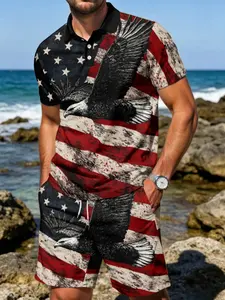 Independence Day Theme Eagle Print Men's Polo Set, Casual Graphic Suit, Fitted Top Without Zipper, Trendy Leisure Sports
