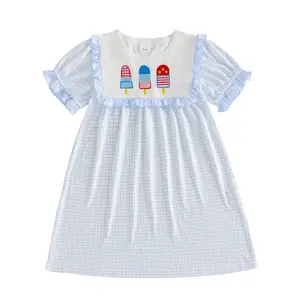 Toddler Baby Little Girls 4th of July Dress Ice Cream Embroidery Plaid Print Short Sleeve Summer Dress Kids Patriotic Dress 1-4 Years