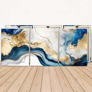 3 Counts Wooden Framed Canvas Painting, Abstract Blue And Gold Fluid Art Images, Exquisite Poster, Perfect Living Room Decoration, Modern Art, Fashion Family Poster, Wall Art Decoration, Waterproof Art, Modern Home Decor