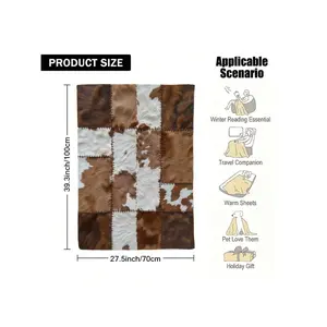 1pc Vintage Cowhide Blanket - 2D Flat Printing, All-Season Cozy Throw Sofa, Bed, Office & Camping |   Washable, Brown & White Texture Design, Camping Essentials, Cozy Home Decor,