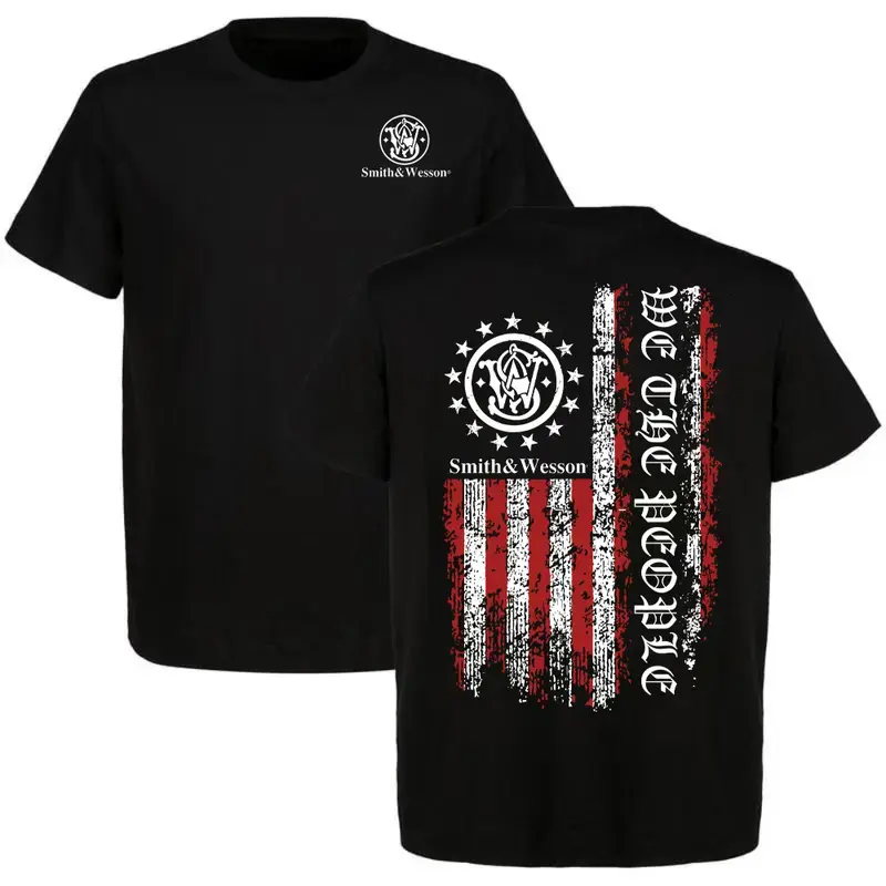 Smith & Wesson We The People Distressed American Flag Graphic T-Shirt, Front & Back Print Patriotic USA Short Sleeve Crew Neck Tee For Men