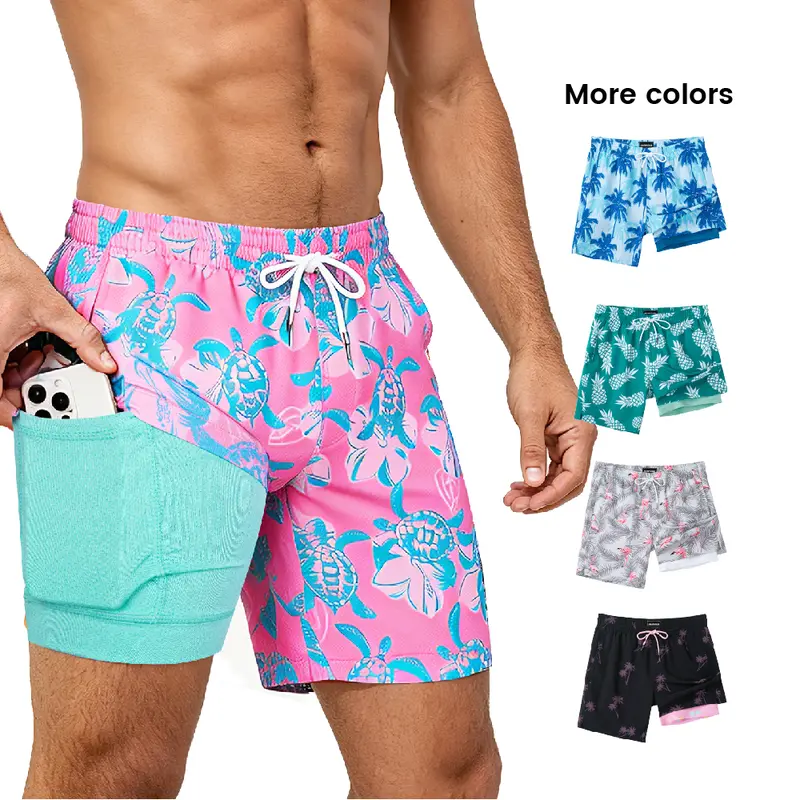 SURF CUZ Men's 7-Inch Above-the-Knee Stretch Swim Trunks - All Over Print, Compression Liner, Quick Dry Athleisure Swimwear for Surfing, Running, Outdoor Activities