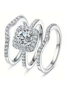 Elegant Gorgeous Stacked Three Piece Set of Star Studded Synthetic Zircon Copper Engagement Ring Set with Copper Material for Daily Sparkling Wear and Christmas Party Jewelry Valentine's Day Anniversary Gift Stackable Rings