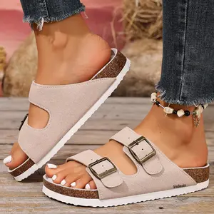 Women's Sandals Vegan Suede Cork Footbed Slippers Anti-Skid Open Toe Slip-On Mules