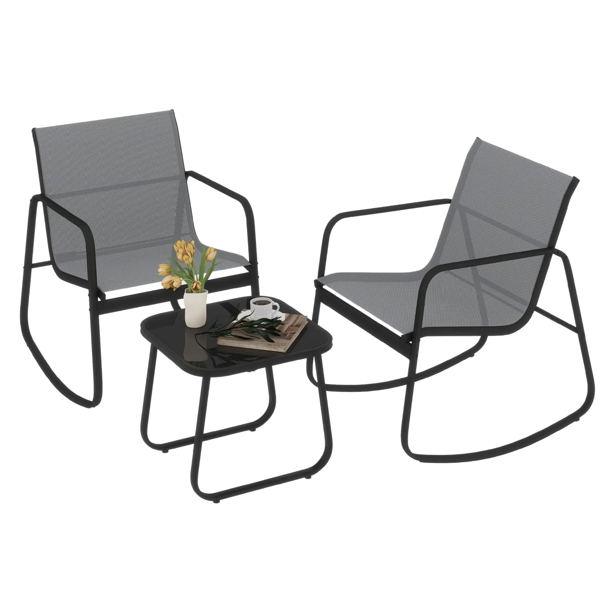 3 Piece Outdoor Rocking Bistro Set,3 Piece Patio Furniture Set，Outdoor Patio Furniture Conversation Set with Table, Patio Sectional Bistro Sets for Lawn, Garden, Balcony, Poolside (Gray) featuring a wooden coffee table, poolside lawn chairs, Patio Furnitu