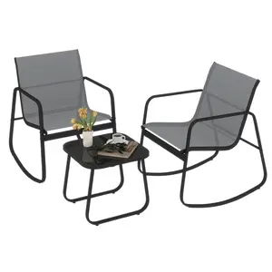 3 Piece Outdoor Rocking Bistro Set,3 Piece Patio Furniture Set，Outdoor Patio Furniture Conversation Set with Table, Patio Sectional Bistro Sets for Lawn, Garden, Balcony, Poolside (Gray) featuring a wooden coffee table, poolside lawn chairs, Patio Furnitu